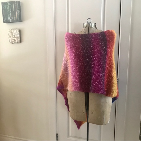 Hand Knit Rainbow Poncho Shawl - Picture 7 of 8